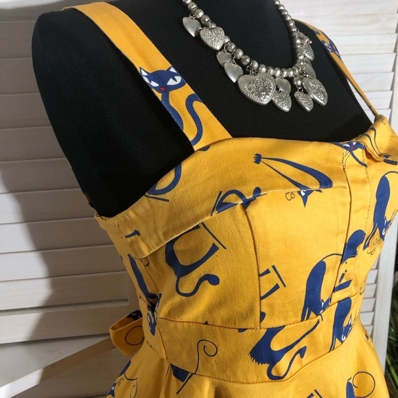 IXIA Vintage Cat Print Mini Dress Yellow Blue Small - Picture 5 of 13